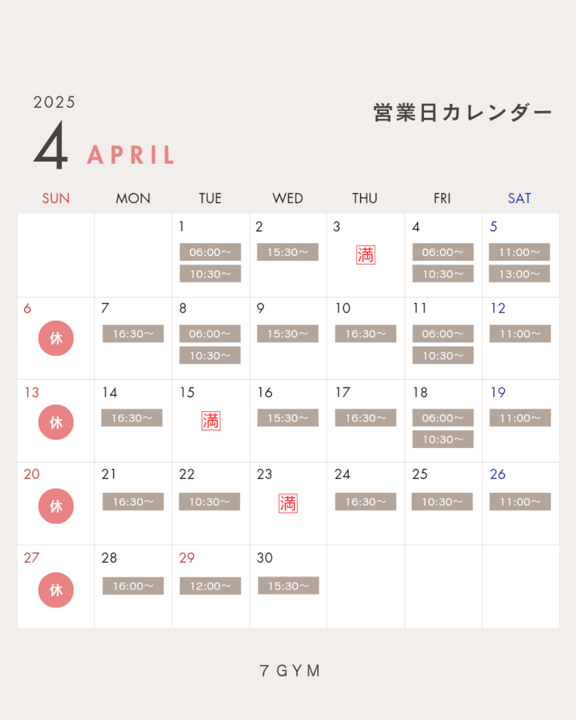 7GYM 2025年4月のパーソナルトレーニングの空き状況